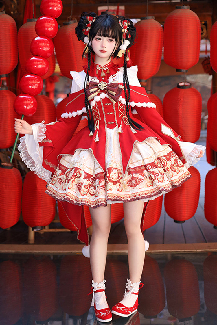 Lolita Jumper Skirt - New Year, Red, Chinese-Inspired Style, Bow Detail, Lace Trim - additional product view 16
