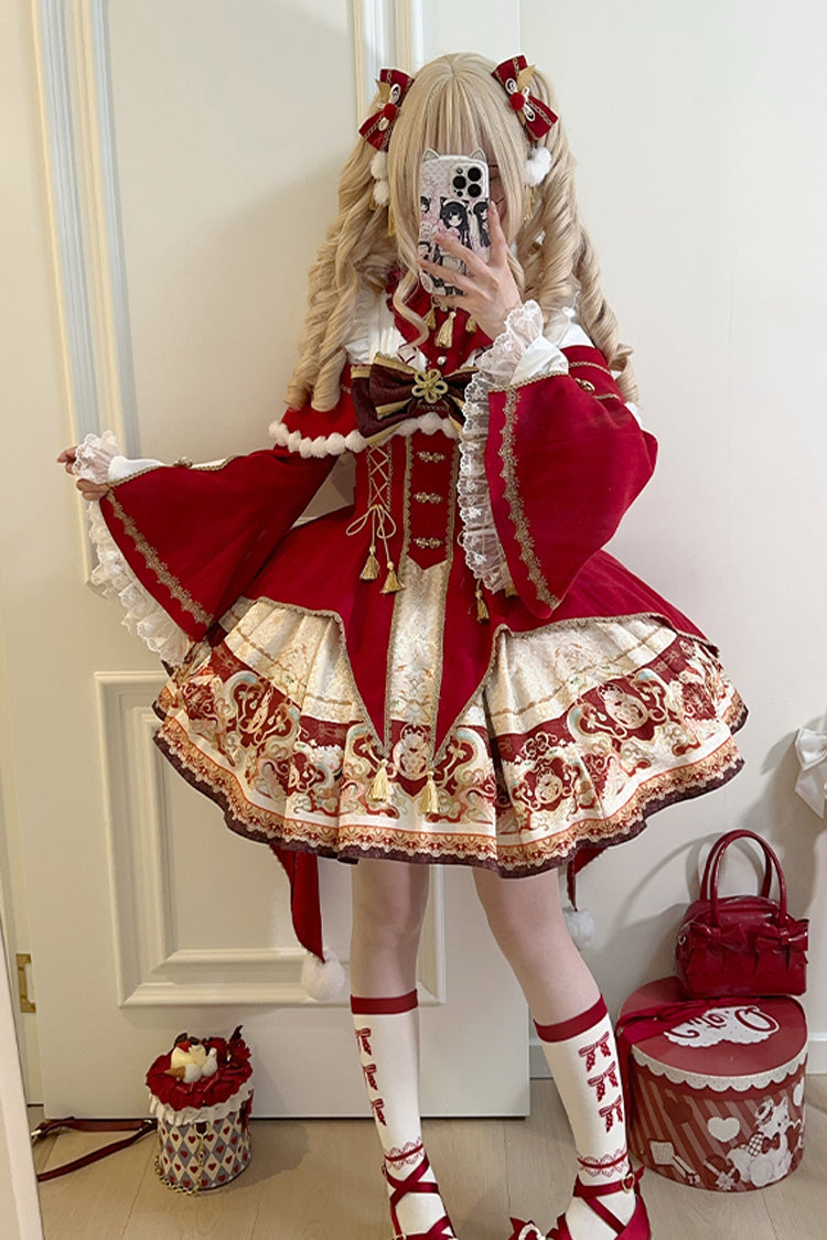 Lolita Jumper Skirt - New Year, Red, Chinese-Inspired Style, Bow Detail, Lace Trim - main product image