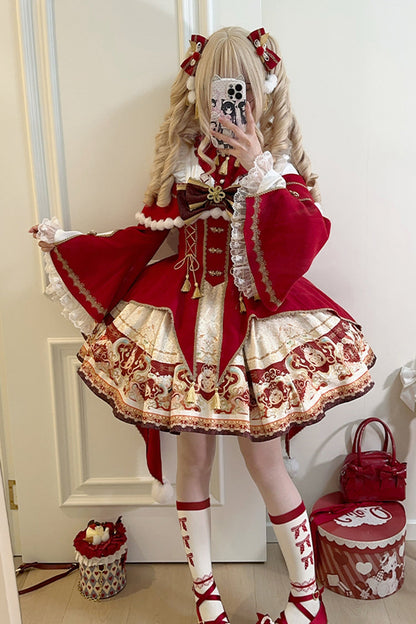 Lolita Jumper Skirt - New Year, Red, Chinese-Inspired Style, Bow Detail, Lace Trim - main product image
