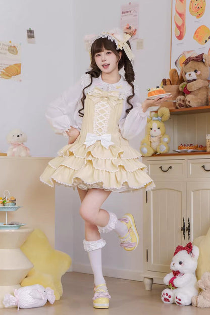 Lolita Jumper Skirt - Nostalgic Showa Custard Cream, Yellow, Lace-Up, Sweet Style - additional product view 2