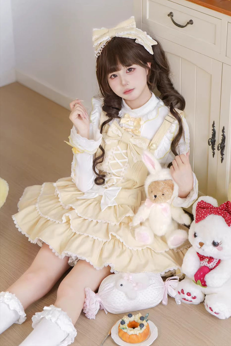 Lolita Jumper Skirt - Nostalgic Showa Custard Cream, Yellow, Lace-Up, Sweet Style - additional product view 5