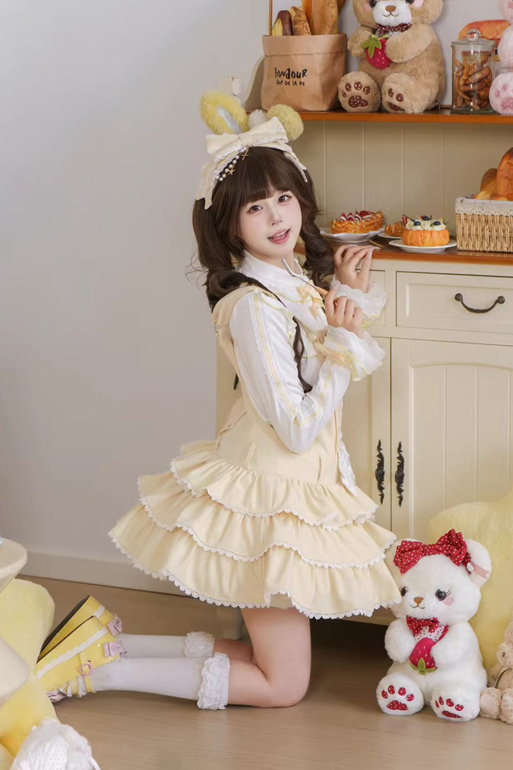 Lolita Jumper Skirt - Nostalgic Showa Custard Cream, Yellow, Lace-Up, Sweet Style - additional product view 6
