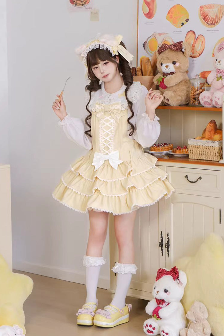 Lolita Jumper Skirt - Nostalgic Showa Custard Cream, Yellow, Lace-Up, Sweet Style - additional product view 7