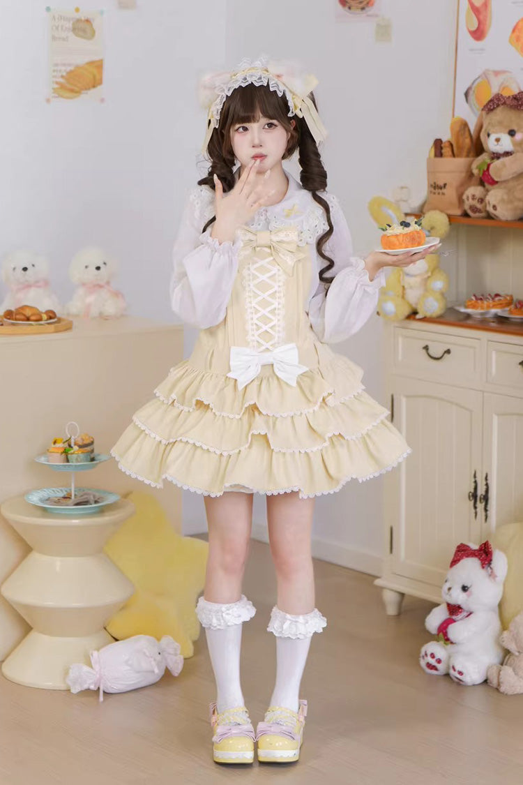 Lolita Jumper Skirt - Nostalgic Showa Custard Cream, Yellow, Lace-Up, Sweet Style - additional product view 8