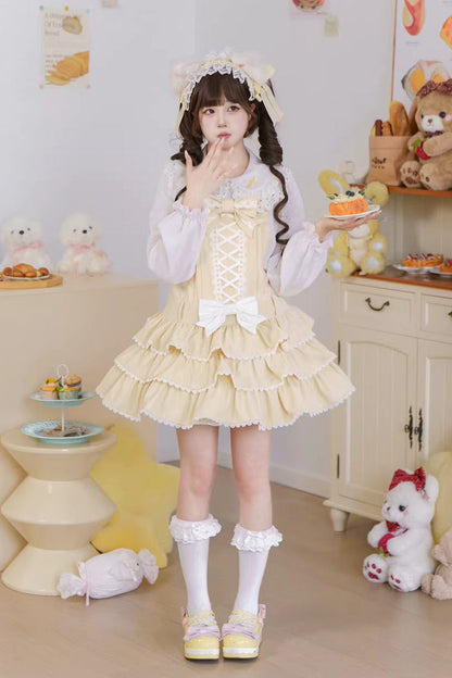 Lolita Jumper Skirt - Nostalgic Showa Custard Cream, Yellow, Lace-Up, Sweet Style - additional product view 8