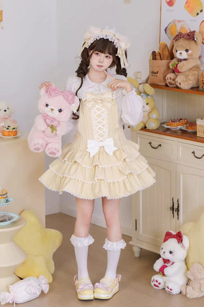 Lolita Jumper Skirt - Nostalgic Showa Custard Cream, Yellow, Lace-Up, Sweet Style - additional product view 11