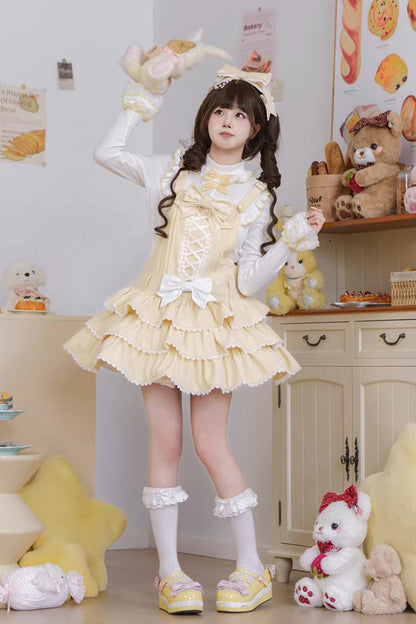 Lolita Jumper Skirt - Nostalgic Showa Custard Cream, Yellow, Lace-Up, Sweet Style - additional product view 12