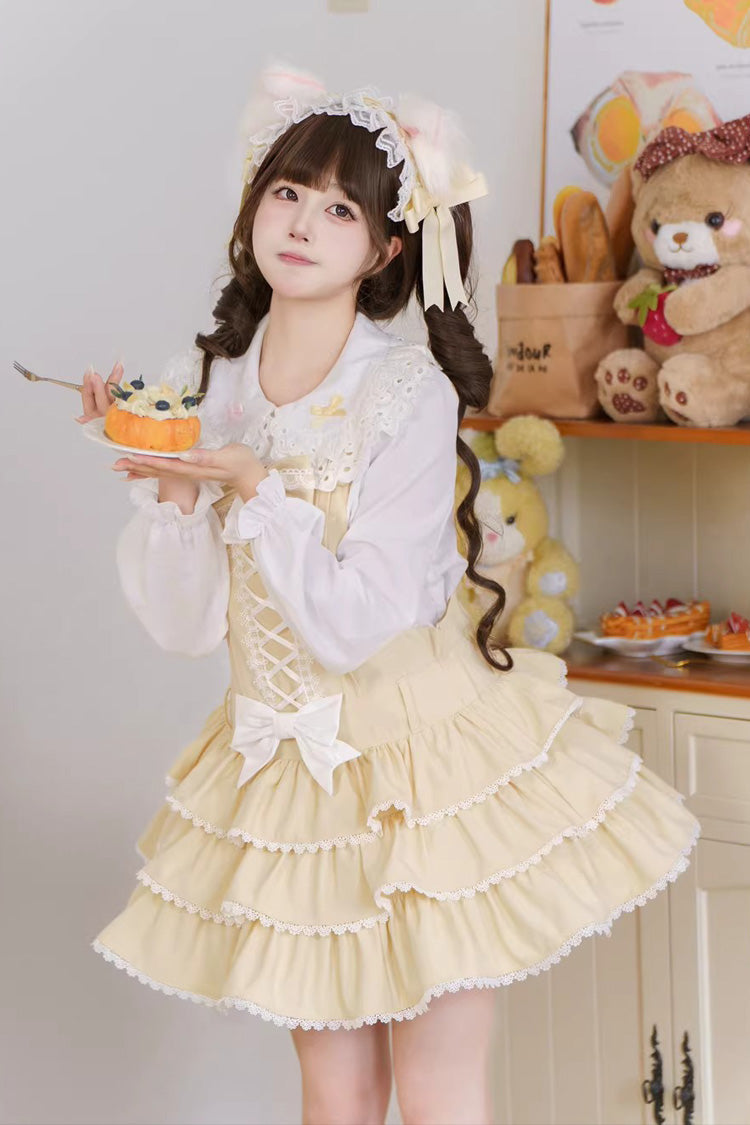 Lolita Jumper Skirt - Nostalgic Showa Custard Cream, Yellow, Lace-Up, Sweet Style - main product image