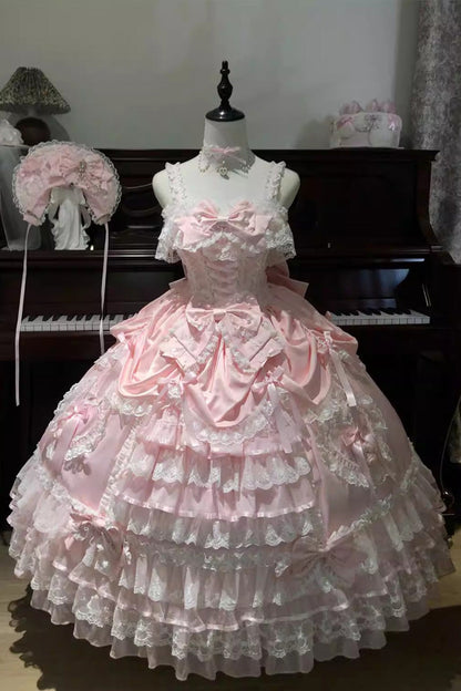 Lolita Jumper Skirt - Ode Of The Curtain, Pink, Bow Detail, Lace Trim, Ruffled - additional product view 3