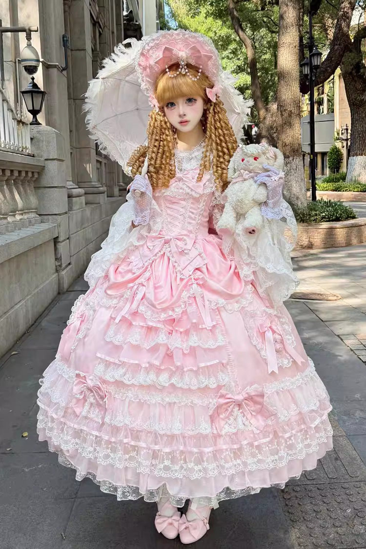 Lolita Jumper Skirt - Ode Of The Curtain, Pink, Bow Detail, Lace Trim, Ruffled - additional product view 4