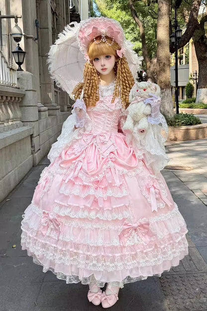 Lolita Jumper Skirt - Ode Of The Curtain, Pink, Bow Detail, Lace Trim, Ruffled - additional product view 4