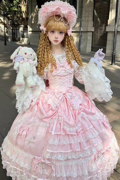Lolita Jumper Skirt - Ode Of The Curtain, Pink, Bow Detail, Lace Trim, Ruffled - additional product view 6