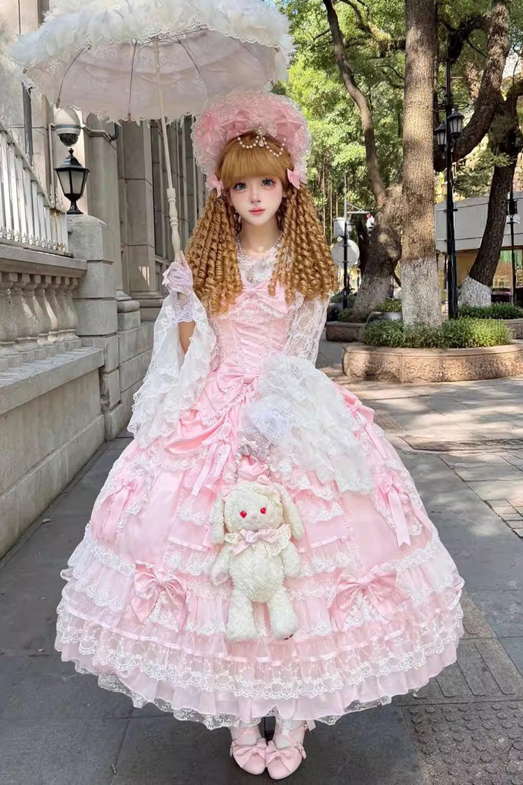 Lolita Jumper Skirt - Ode Of The Curtain, Pink, Bow Detail, Lace Trim, Ruffled - main product image