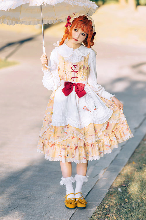 Lolita Jumper Skirt - Pastoral Print, Yellow, Sweet Style, Ruffled, Printed - additional product view 2
