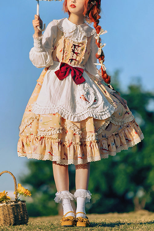 Lolita Jumper Skirt - Pastoral Print, Yellow, Sweet Style, Ruffled, Printed - main product image