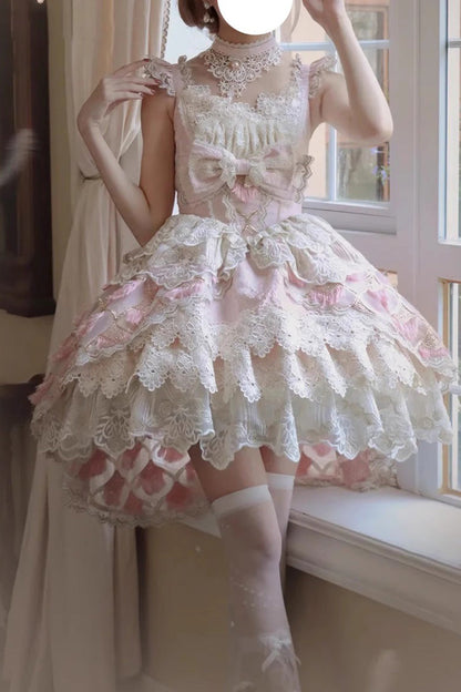 Lolita Jumper Skirt - Peacock Feather, Pink, Ruffled, Layered, Sweet Style - additional product view 4
