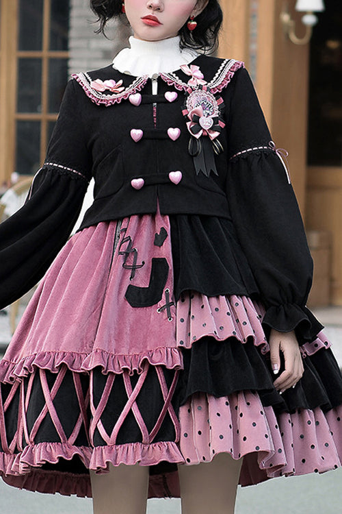 Lolita Jumper Skirt - Pink/black Vintage Stitching, 2 Colors, Sweet Style - main product image