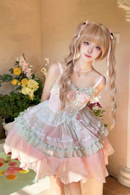 Lolita Jumper Skirt - Pink/green Summer Garden, 2 Colors, Short Length, Bow Detail - additional product view 2