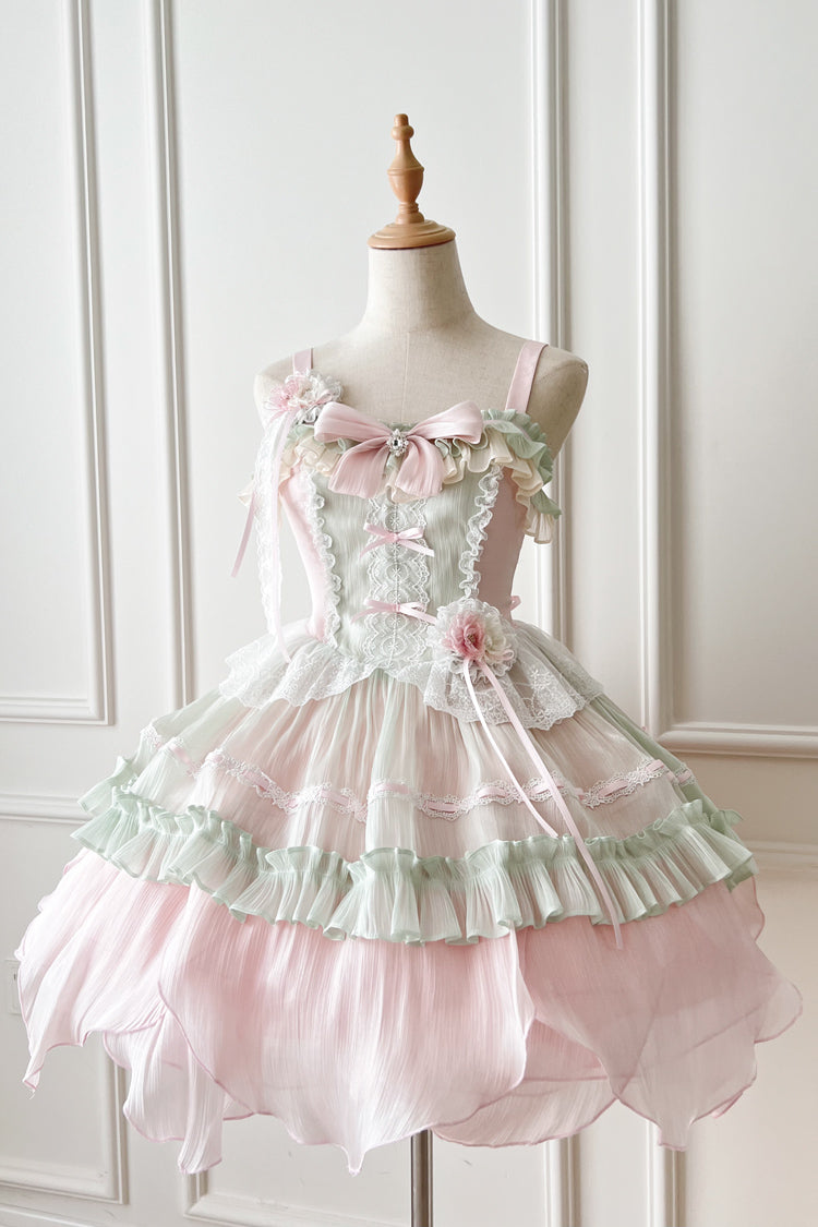 Lolita Jumper Skirt - Pink/green Summer Garden, 2 Colors, Short Length, Bow Detail - additional product view 3