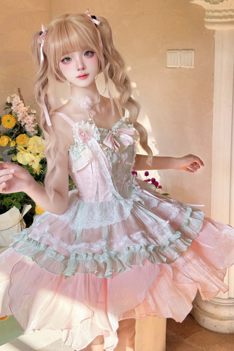 Lolita Jumper Skirt - Pink/green Summer Garden, 2 Colors, Short Length, Bow Detail - additional product view 4