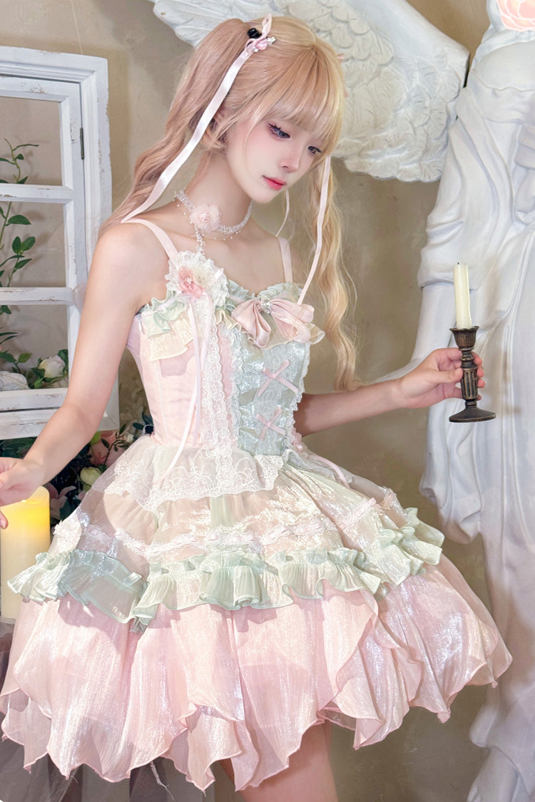 Lolita Jumper Skirt - Pink/green Summer Garden, 2 Colors, Short Length, Bow Detail - additional product view 5