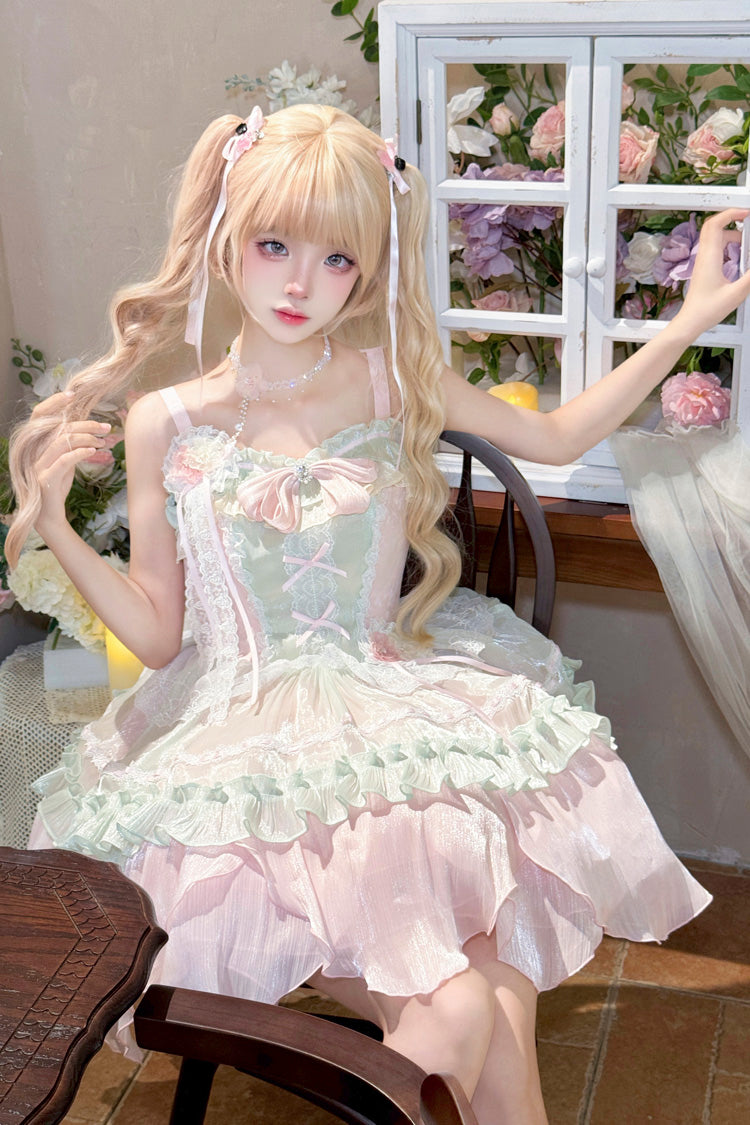 Lolita Jumper Skirt - Pink/green Summer Garden, 2 Colors, Short Length, Bow Detail - additional product view 6