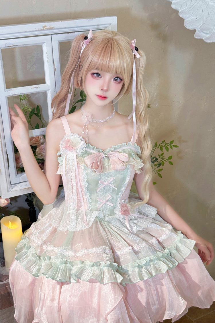Lolita Jumper Skirt - Pink/green Summer Garden, 2 Colors, Short Length, Bow Detail - additional product view 7