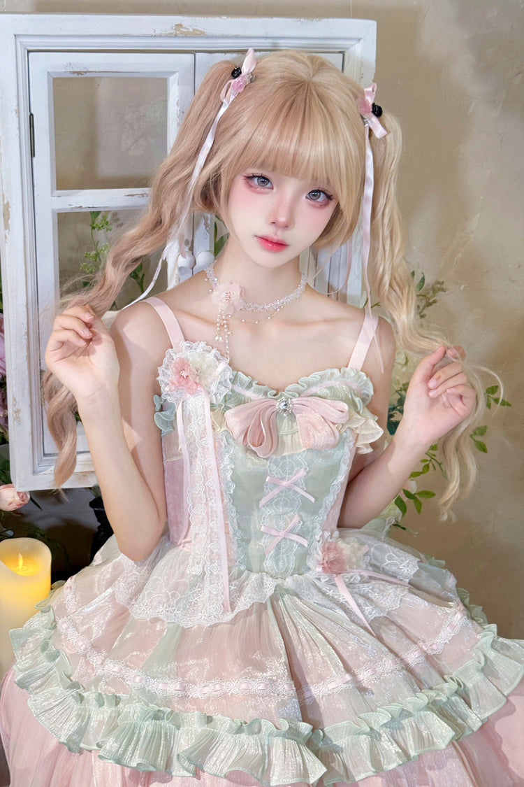 Lolita Jumper Skirt - Pink/green Summer Garden, 2 Colors, Short Length, Bow Detail - additional product view 8