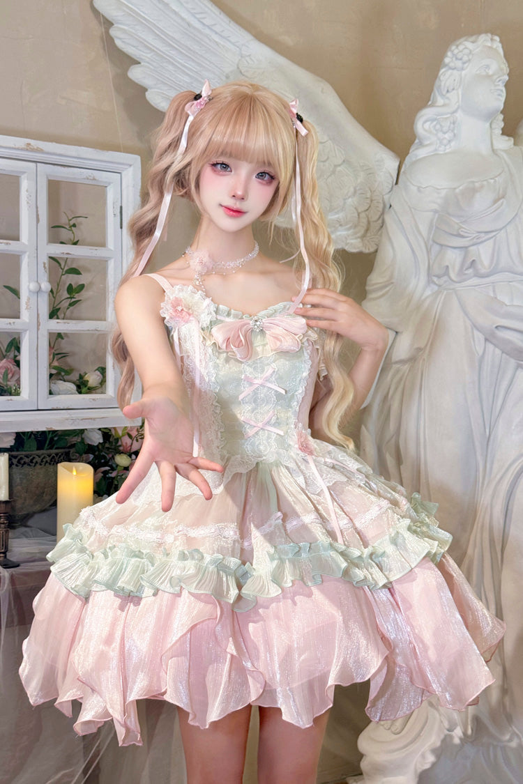 Lolita Jumper Skirt - Pink/green Summer Garden, 2 Colors, Short Length, Bow Detail - additional product view 9