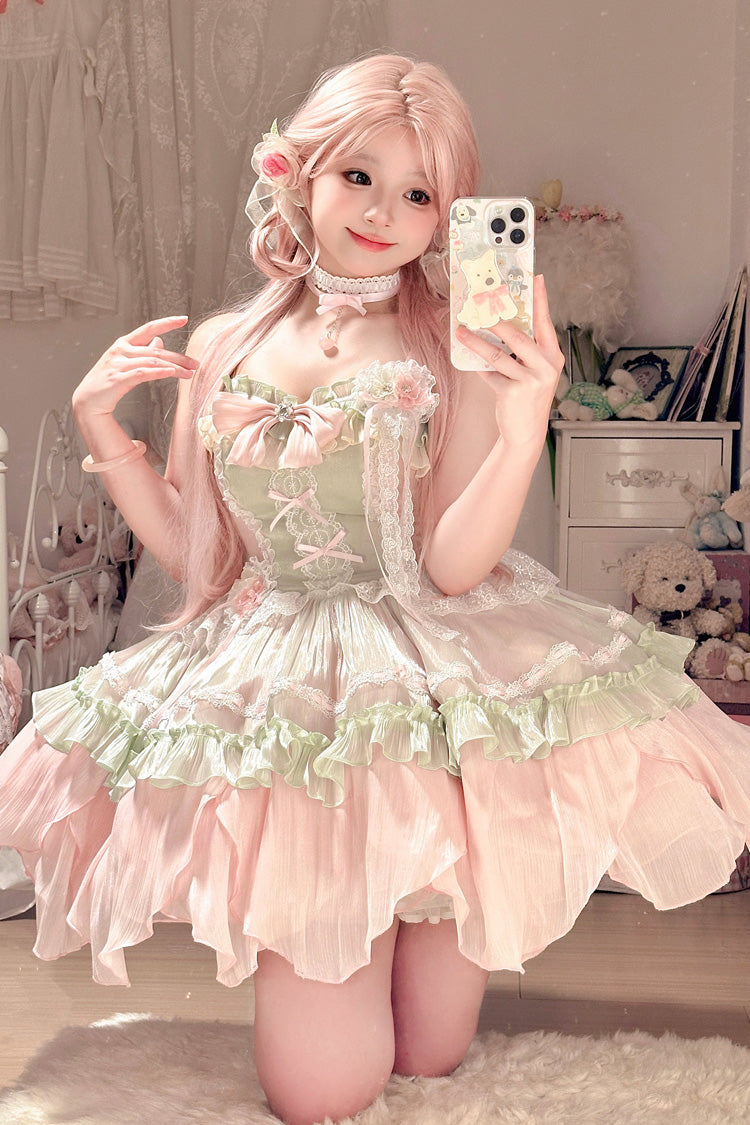 Lolita Jumper Skirt - Pink/green Summer Garden, 2 Colors, Short Length, Bow Detail - additional product view 10