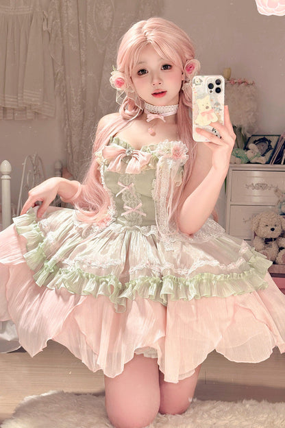 Lolita Jumper Skirt - Pink/green Summer Garden, 2 Colors, Short Length, Bow Detail - additional product view 11