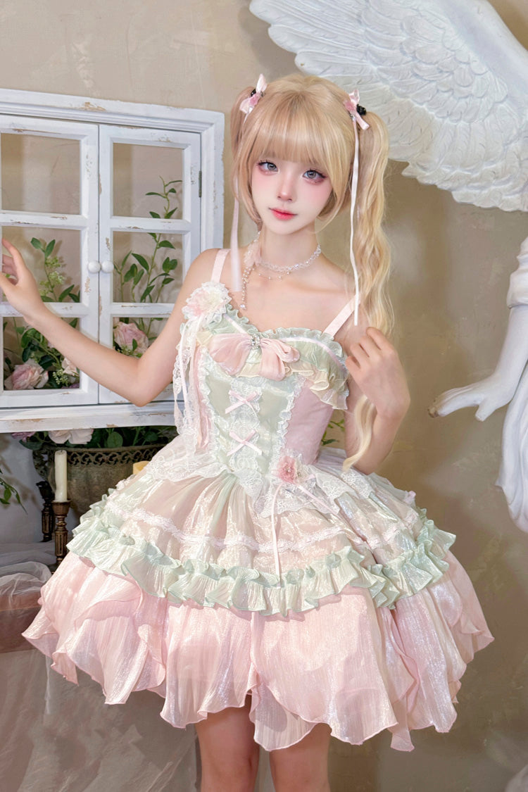 Lolita Jumper Skirt - Pink/green Summer Garden, 2 Colors, Short Length, Bow Detail - main product image