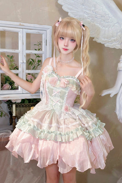 Lolita Jumper Skirt - Pink/green Summer Garden, 2 Colors, Short Length, Bow Detail - main product image