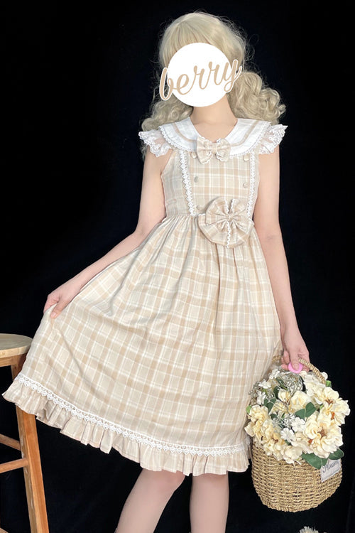 Lolita Jumper Skirt - Plaid Print With Fake Collar, 2 Colors, Plaid, High Waist - additional product view 2