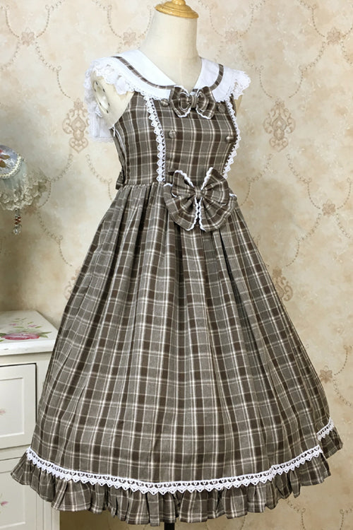 Lolita Jumper Skirt - Plaid Print With Fake Collar, 2 Colors, Plaid, High Waist - S Brown / M Brown / L Brown option