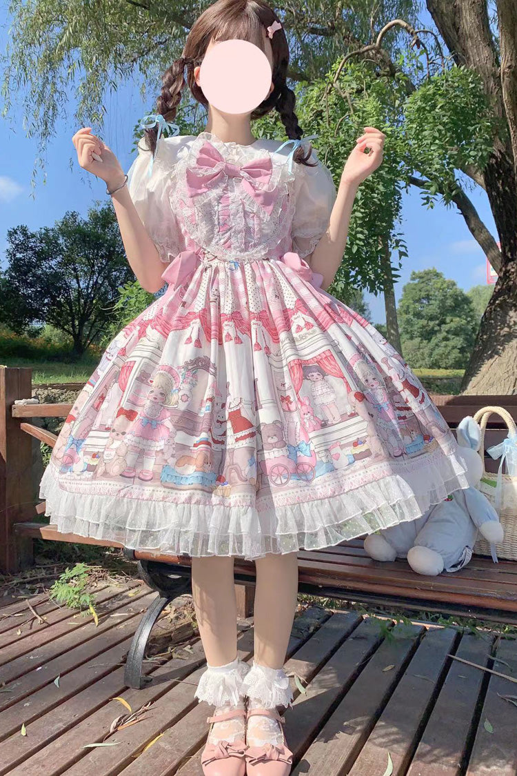 Lolita Jumper Skirt - Plush Bear And Doll Print, Pink, Bow Detail, Lace Trim, Ruffled - additional product view 2