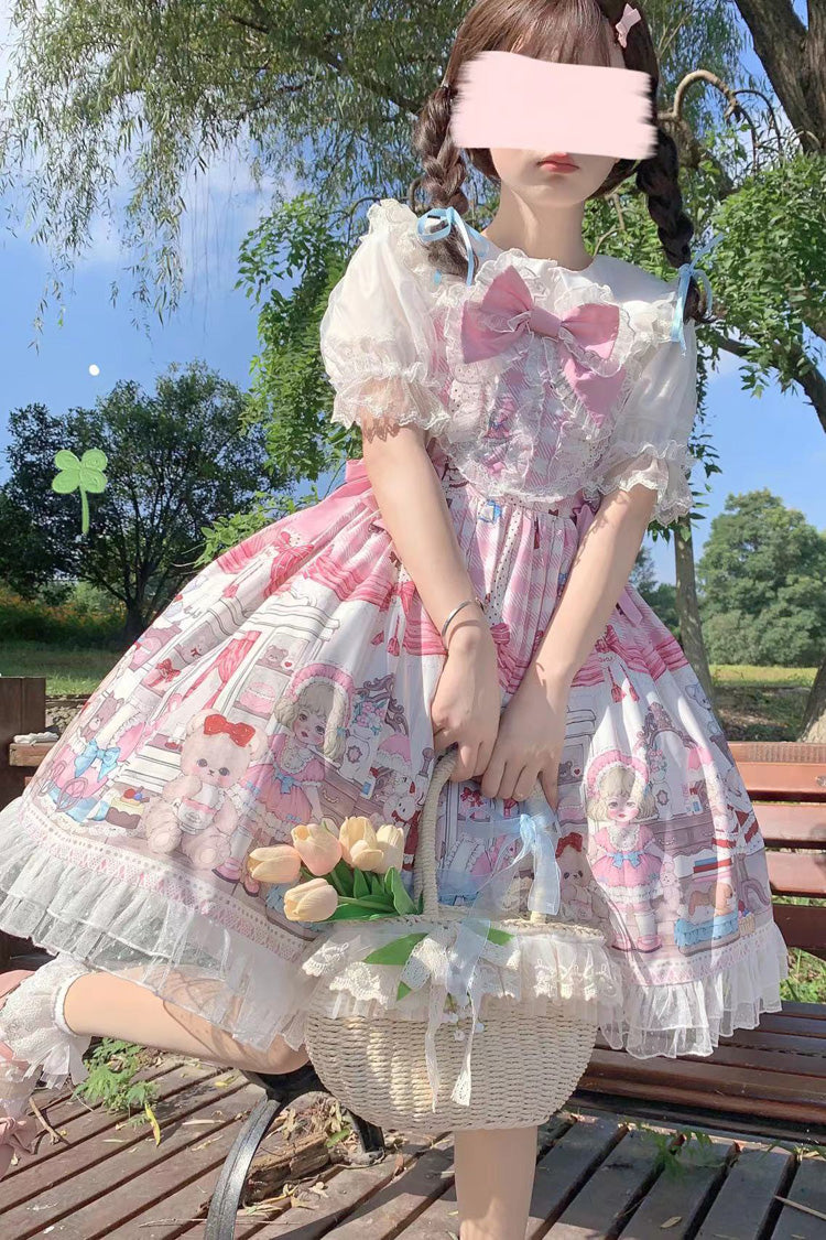 Lolita Jumper Skirt - Plush Bear And Doll Print, Pink, Bow Detail, Lace Trim, Ruffled - additional product view 3