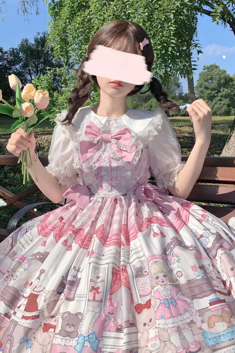 Lolita Jumper Skirt - Plush Bear And Doll Print, Pink, Bow Detail, Lace Trim, Ruffled - additional product view 4