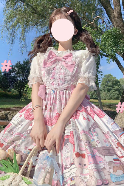 Lolita Jumper Skirt - Plush Bear And Doll Print, Pink, Bow Detail, Lace Trim, Ruffled - additional product view 5