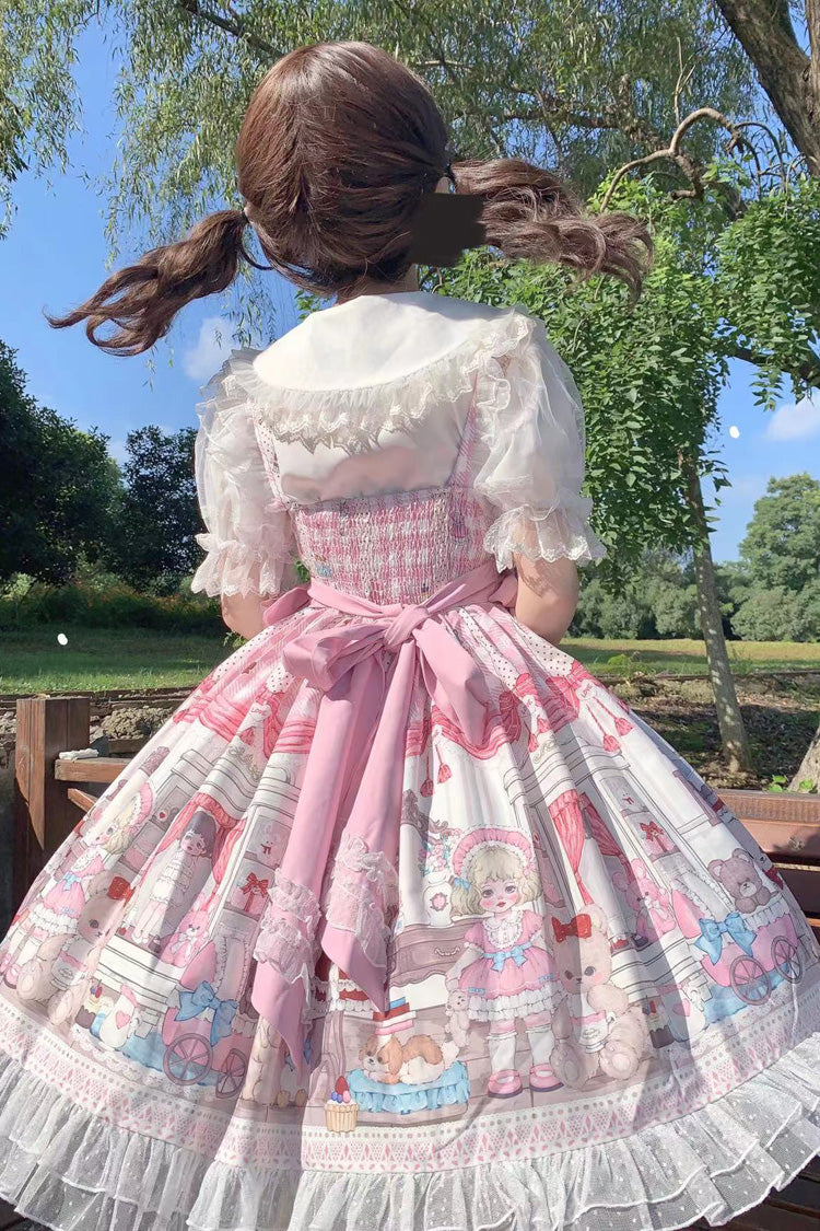 Lolita Jumper Skirt - Plush Bear And Doll Print, Pink, Bow Detail, Lace Trim, Ruffled - additional product view 6
