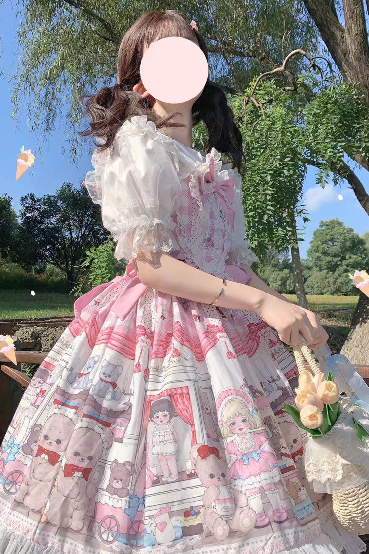 Lolita Jumper Skirt - Plush Bear And Doll Print, Pink, Bow Detail, Lace Trim, Ruffled - additional product view 7