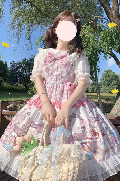 Lolita Jumper Skirt - Plush Bear And Doll Print, Pink, Bow Detail, Lace Trim, Ruffled - additional product view 8