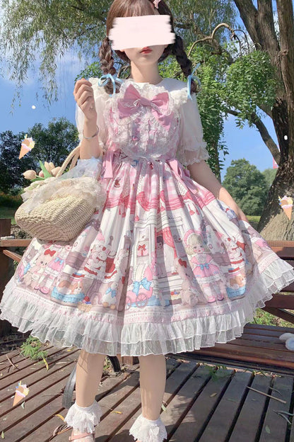 Lolita Jumper Skirt - Plush Bear And Doll Print, Pink, Bow Detail, Lace Trim, Ruffled - additional product view 9