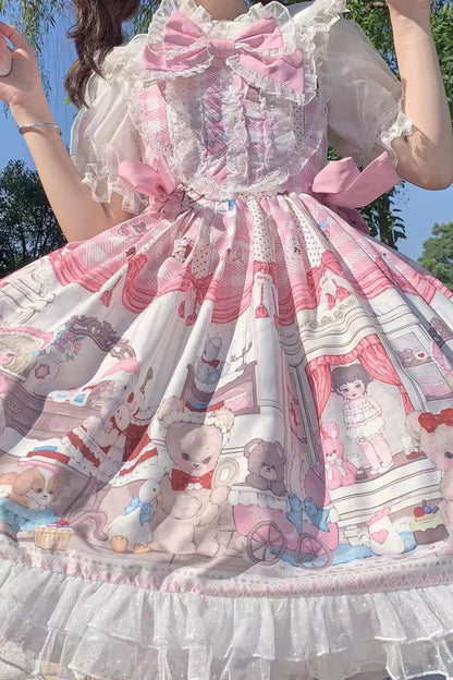 Lolita Jumper Skirt - Plush Bear And Doll Print, Pink, Bow Detail, Lace Trim, Ruffled - additional product view 10