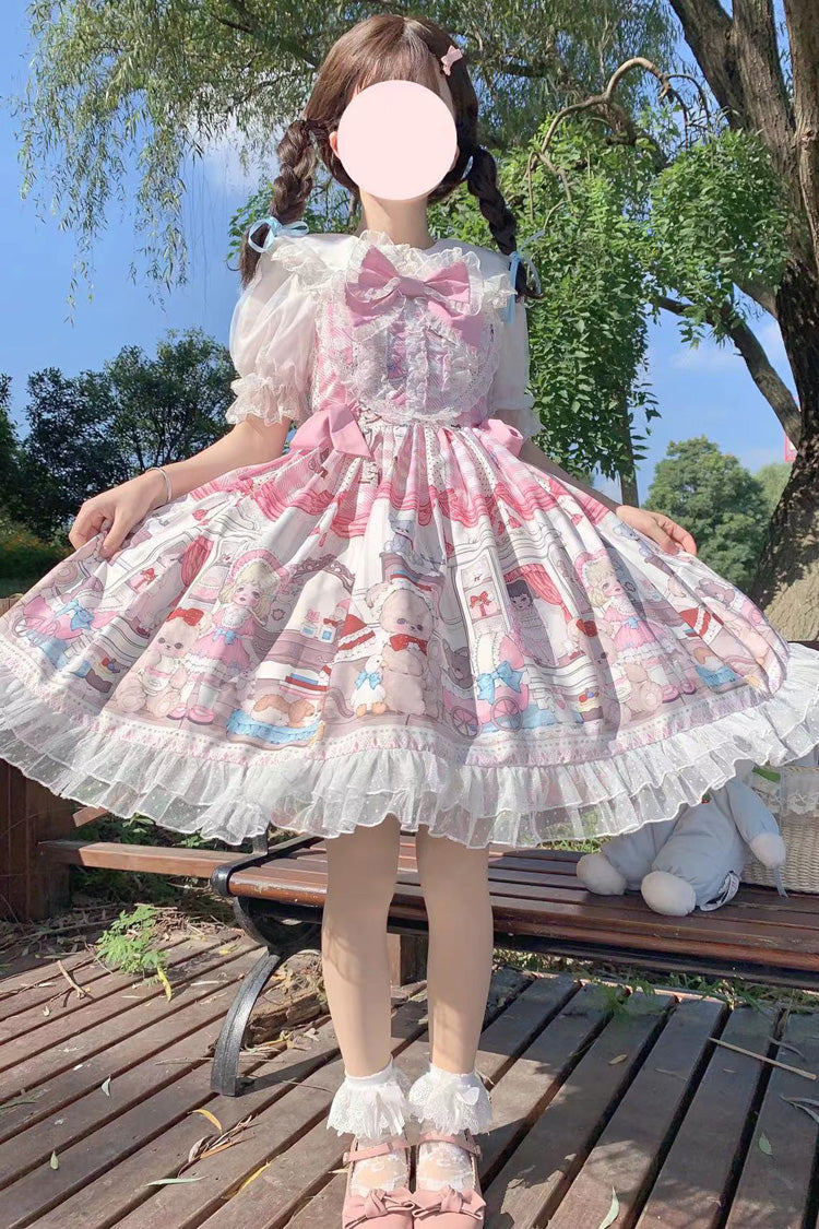 Lolita Jumper Skirt - Plush Bear And Doll Print, Pink, Bow Detail, Lace Trim, Ruffled - main product image