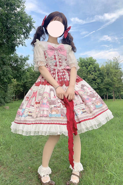 Lolita Jumper Skirt - Plush Bear And Doll Print, Red, Ruffled, Printed, Sweet Style - additional product view 2