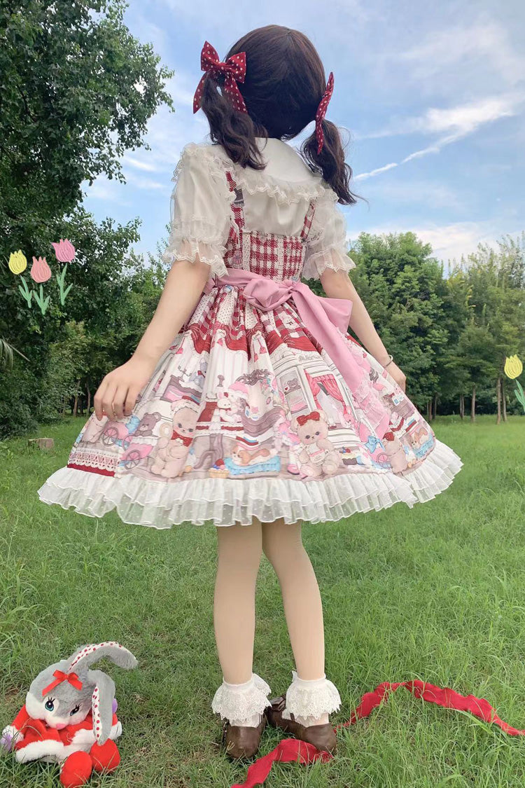 Lolita Jumper Skirt - Plush Bear And Doll Print, Red, Ruffled, Printed, Sweet Style - additional product view 3