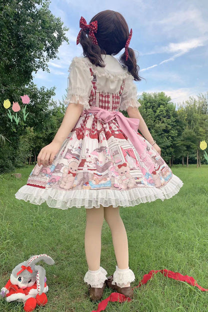 Lolita Jumper Skirt - Plush Bear And Doll Print, Red, Ruffled, Printed, Sweet Style - additional product view 3