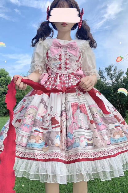 Lolita Jumper Skirt - Plush Bear And Doll Print, Red, Ruffled, Printed, Sweet Style - additional product view 4
