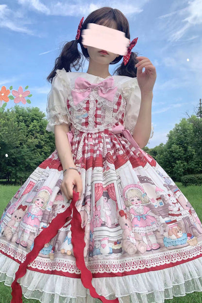 Lolita Jumper Skirt - Plush Bear And Doll Print, Red, Ruffled, Printed, Sweet Style - additional product view 5